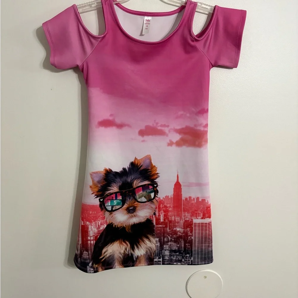 Justice Girls Pink Cold Shoulder Dress with dog motif Size 12